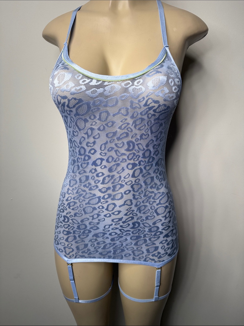 Blue Sheer Leopard Lace Slip with Garter Straps - Women's Intimates